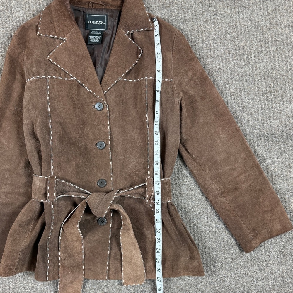 Outbrook Brown Suede Leather Belted Jacket Women’s Medium Contrast Stitching Y2K - Picture 14 of 15